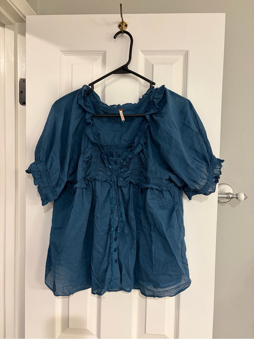 Free People FP One Teal Crochet Lace Ruffle Babydoll Blouse M